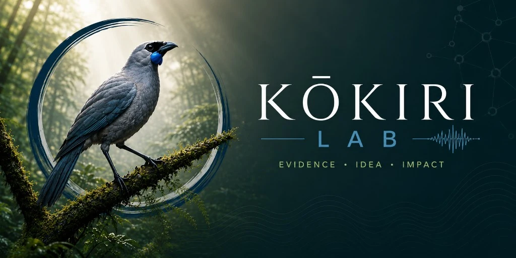 Kōkiri Lab — kōkako in the forest with the Kōkiri Lab wordmark.